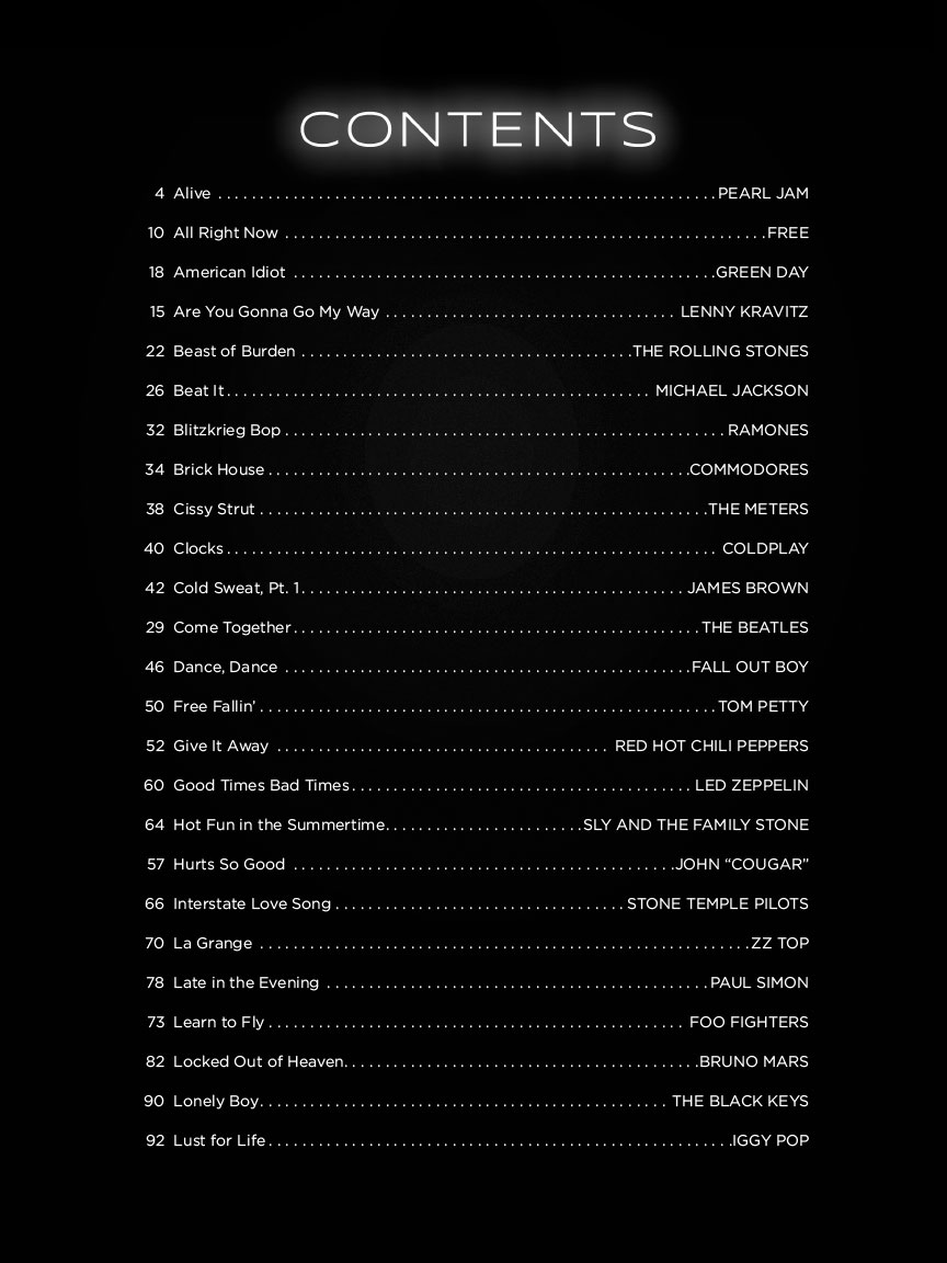 The First 50 Songs You Should Play On Drums table of contents